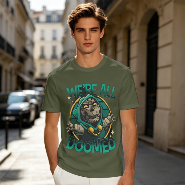 Olive T-Shirt Featuring 'We're All Doomed' and Doom Character Art