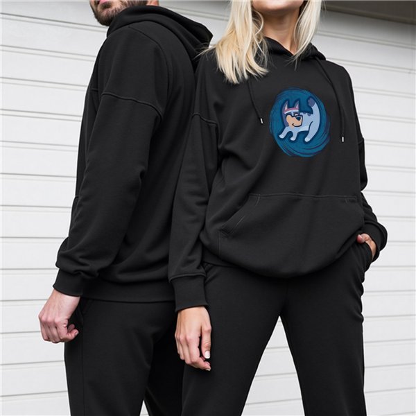 Black Hoodie With Cartoon Dog In Blue Swirl Graphic