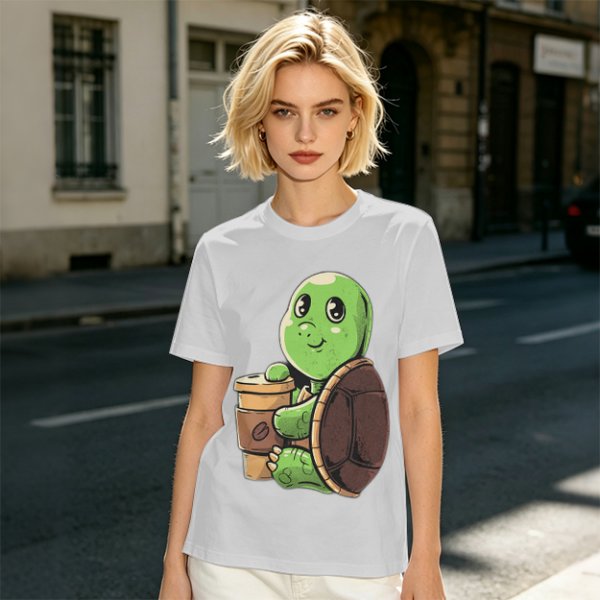 Olive Green T-Shirt With Cute Turtle Holding Coffee Cup Print