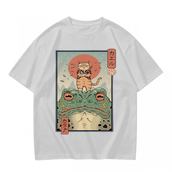 Olive T-shirt with Samurai Cat Riding Giant Frog Japanese Art Print
