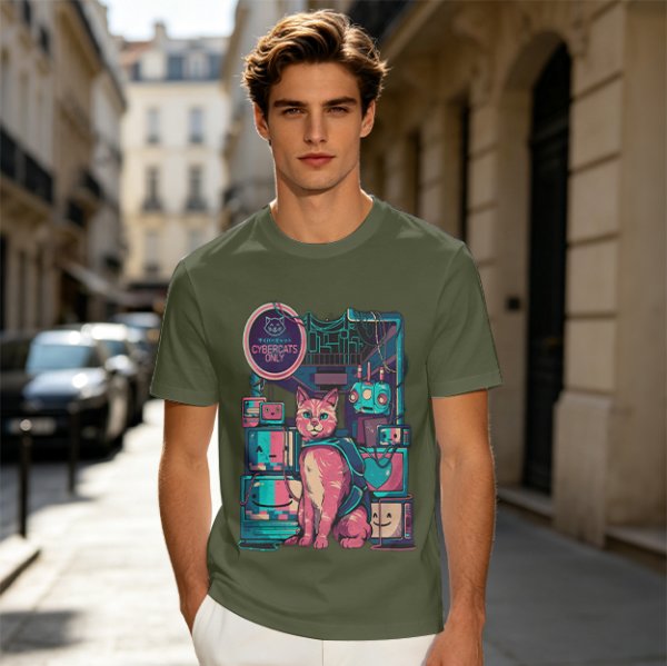 Olive T-Shirt with Cyberpunk Pink Cat and Robotic Tech Print