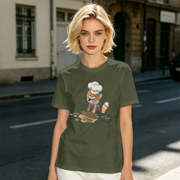Olive T-shirt with a stressed cartoon cat baking cookies