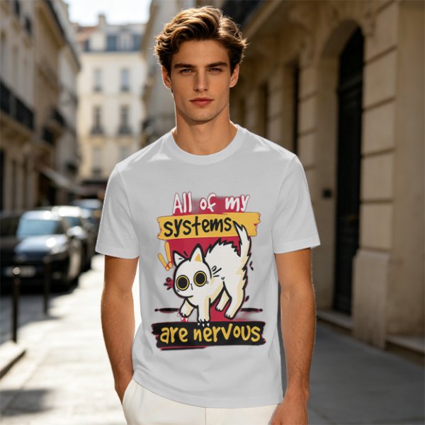 Olive graphic t-shirt with nervous white cat and 'All of my systems are nervous' text