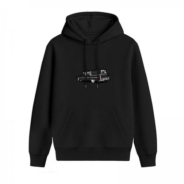 Black Hoodie With Vintage Hearse Graphic Print