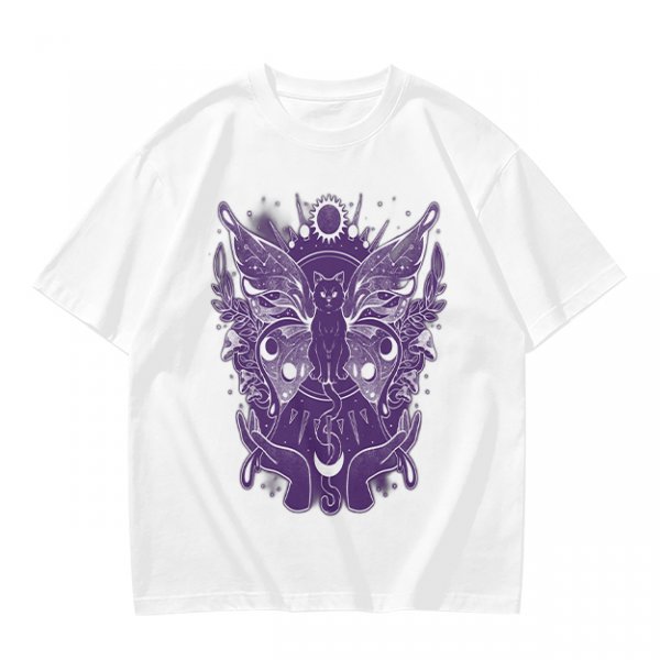 Olive T-Shirt with Celestial Cat Moth and Mystical Hands Print
