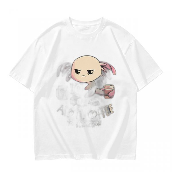 Olive T-shirt with Grumpy Axolotl Holding Coffee Print