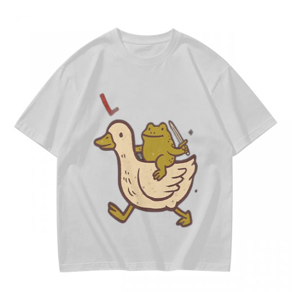 Olive T-Shirt Featuring Frog Riding Duck Holding Knife