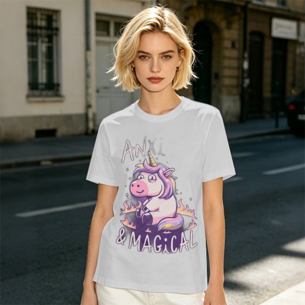 Anxious Magical Unicorn Graphic Olive T-Shirt