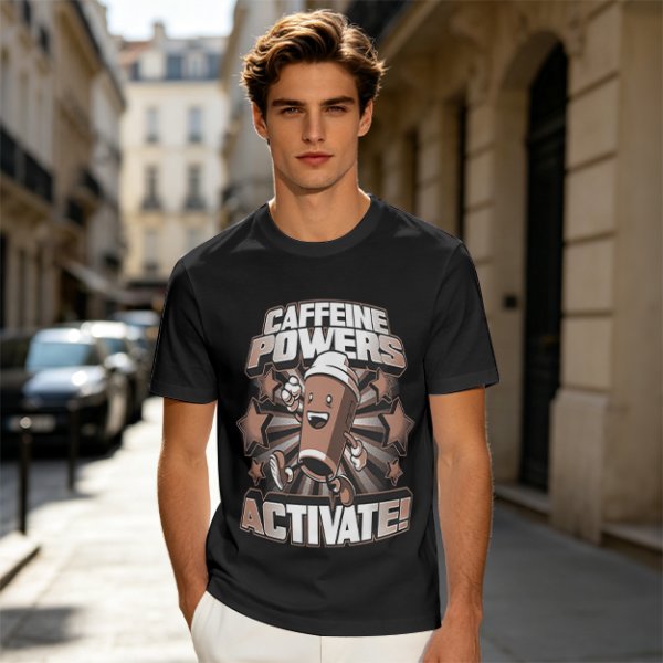 Caffeine Powers Activate! Cartoon Coffee T-Shirt Design