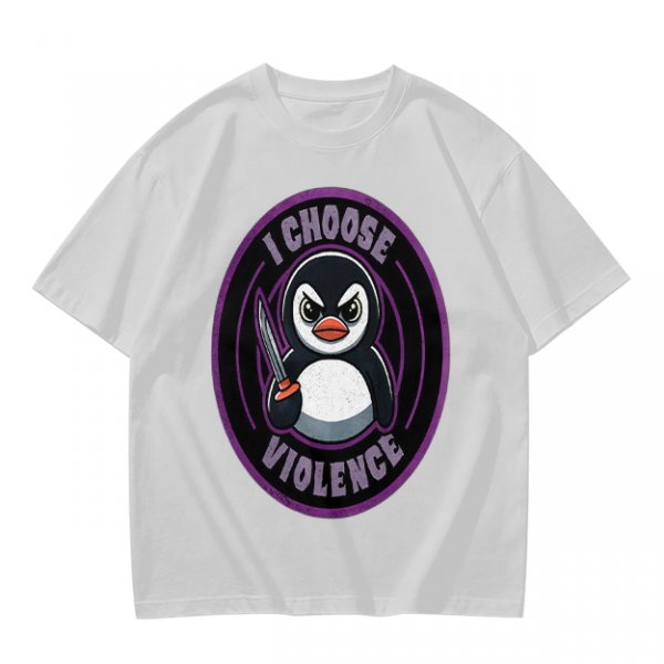 Olive t-shirt with angry penguin holding knife and I Choose Violence print