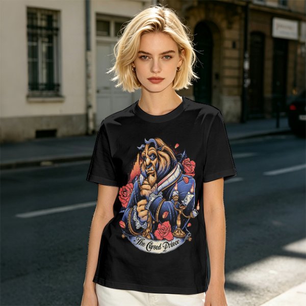 Olive T-shirt featuring The Cursed Prince Beast with roses and candelabra