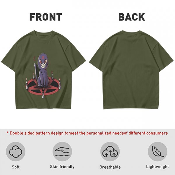 Olive T-Shirt With Purple Demon Cat On Pentagram And Candles