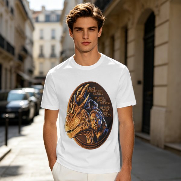 Olive T-Shirt With Dragon And Warrior Fantasy Art Print