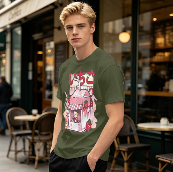 Olive T-Shirt with Strawberry Milk Carton Cat Shop Graphic