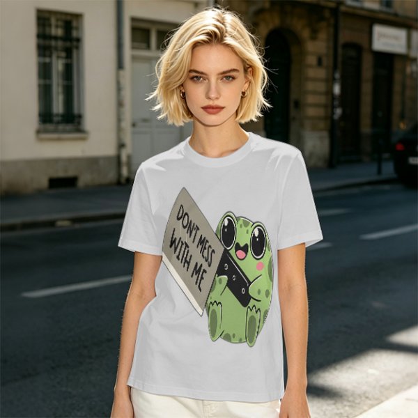 Olive t-shirt with cute frog holding knife and 'Don't mess with me' text