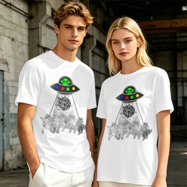 Olive T-shirt with UFO Alien and Disco Dancing Cats Print