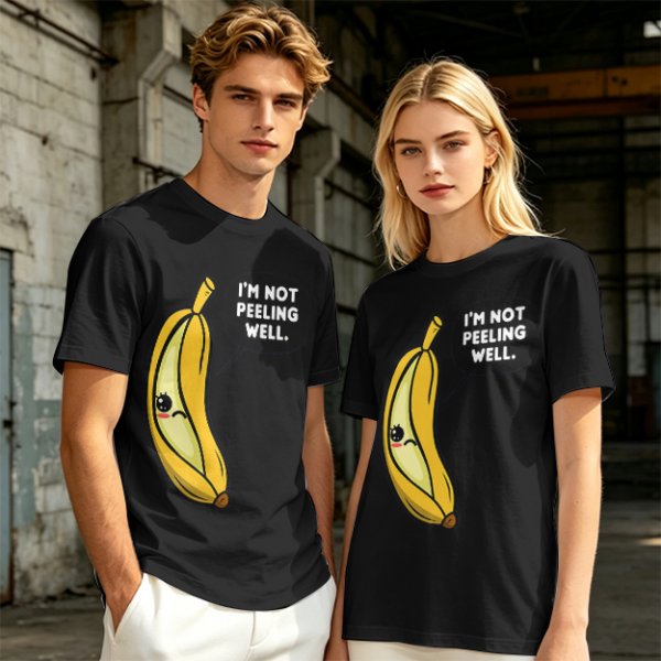 Olive T-shirt with sad banana graphic reading I'm not peeling well