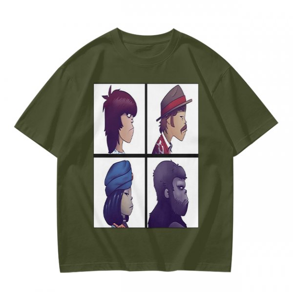 Olive T-Shirt With Four Gorillaz Character Portraits Print