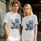 Olive T-Shirt With Whimsical Blue Cat And Mushroom Figure Print