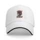 Black baseball cap with a tired cat graphic and humorous text