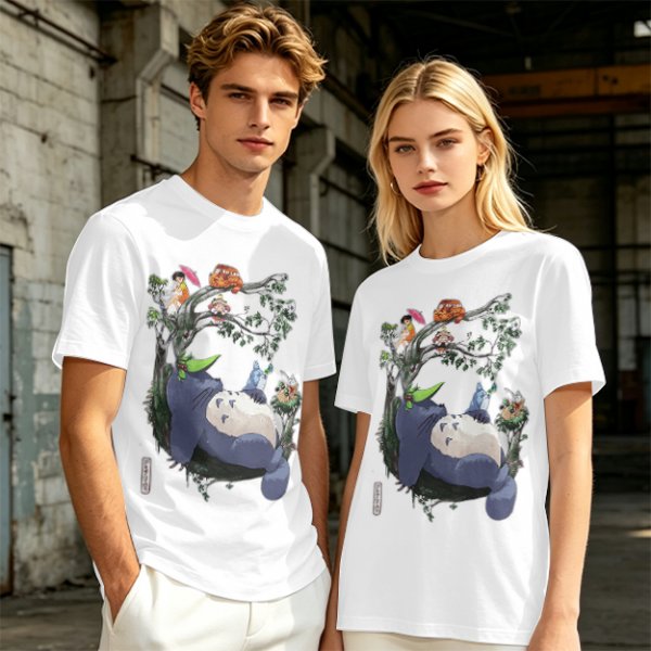 Olive green t-shirt with My Neighbor Totoro forest scene print