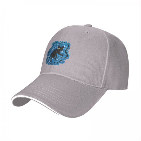 Black Baseball Cap With Playful Black Cat On Blue Abstract Background