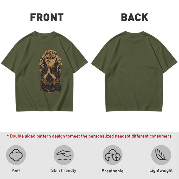 Olive green t-shirt with Pray the Coffee Brew graphic print