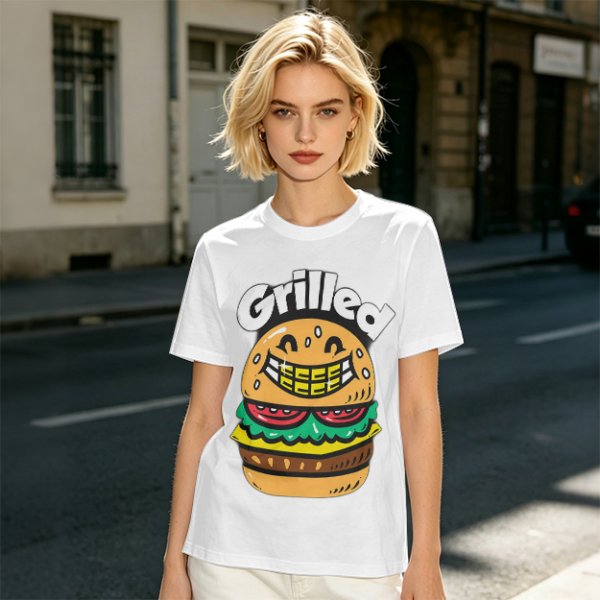 Olive T-Shirt with Smiling Grilled Burger Graphic