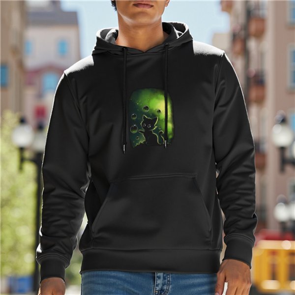 Black Hoodie With Glowing Green Cat And Bubbles Artwork