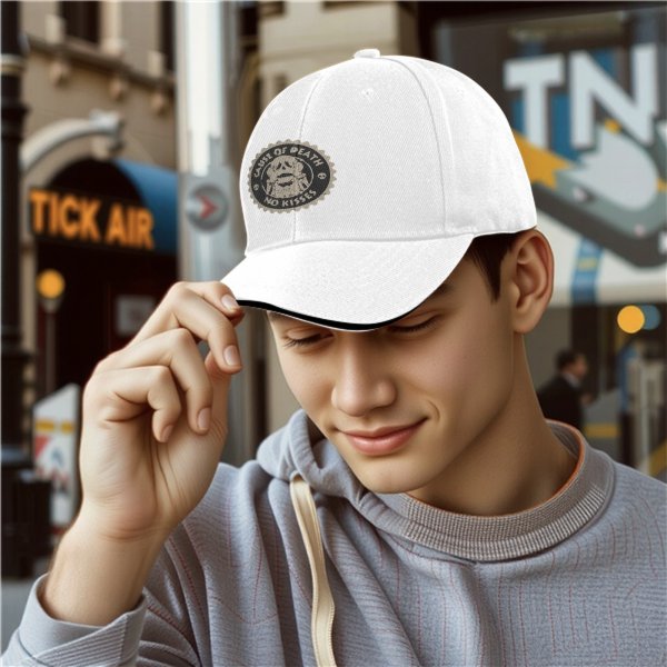 Black Baseball Cap With 'Cause Of Death No Kisses' Skull Graphic