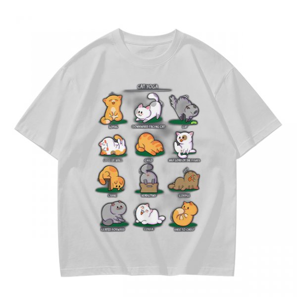 Olive Green T-Shirt With Cute Cat Yoga Pose Illustrations