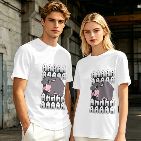 Olive t-shirt with screaming baby hippo and repeated A text