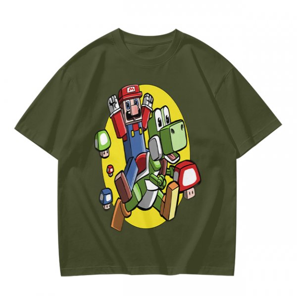 Olive T-shirt with Block Style Mario Riding Yoshi and Mushroom Graphics