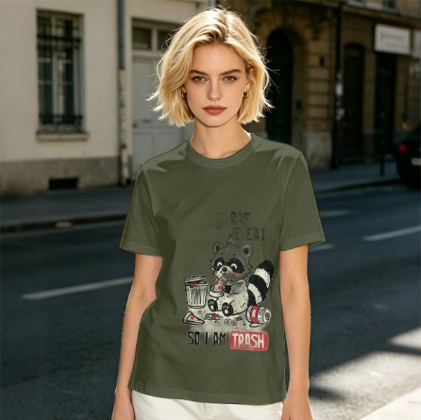 Olive T-Shirt With Raccoon Eating Pizza Trash Print Design