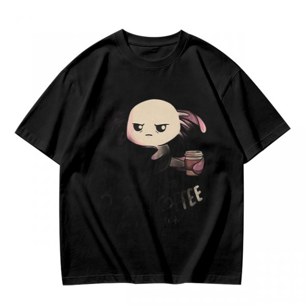 Olive T-shirt with Grumpy Axolotl Holding Coffee Print