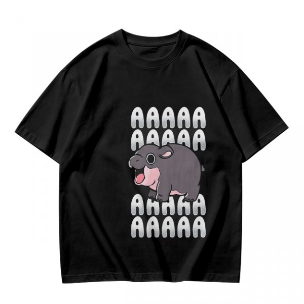 Olive t-shirt with screaming baby hippo and repeated A text