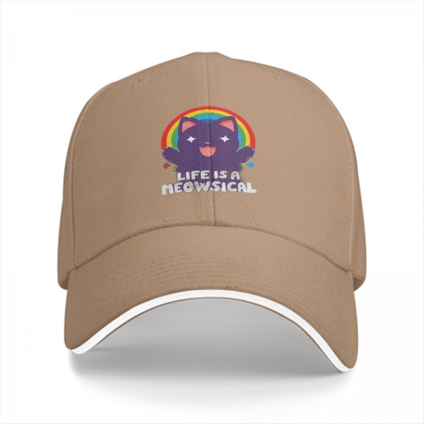 Black baseball cap with cheerful purple cat rainbow and Life is a Meowsical text