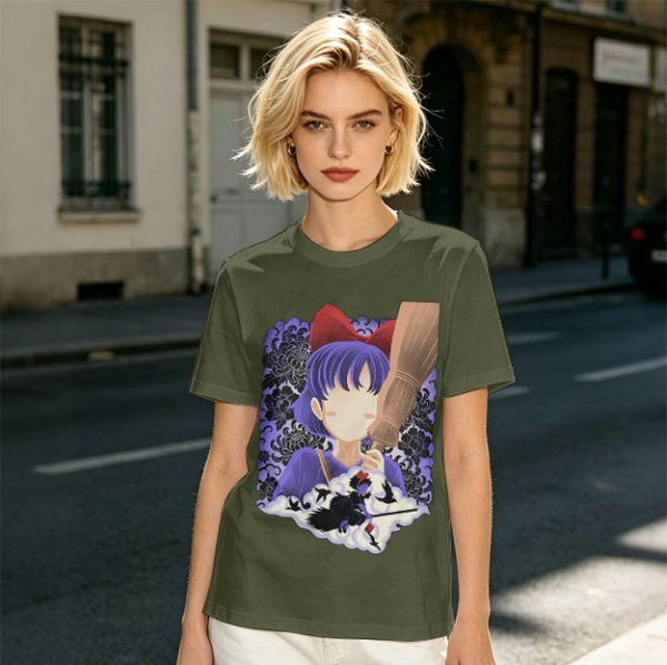 Olive T-Shirt With Witch Anime Girl and Cat Silhouette Print