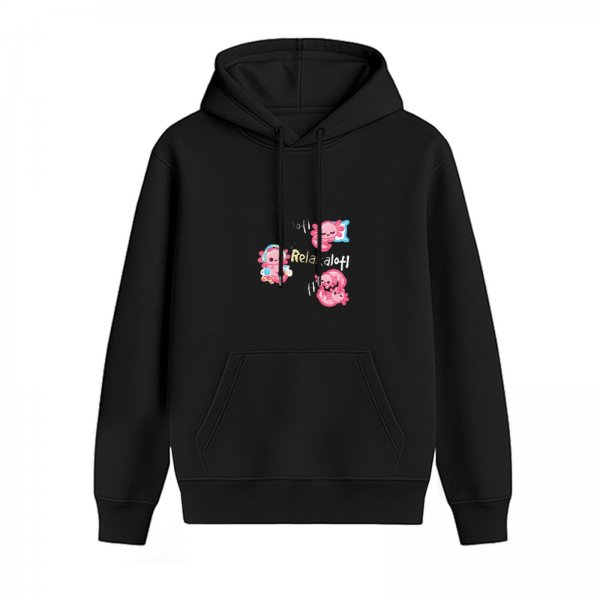Black hoodie with cute axolotl 'Relaxalotl' graphic design