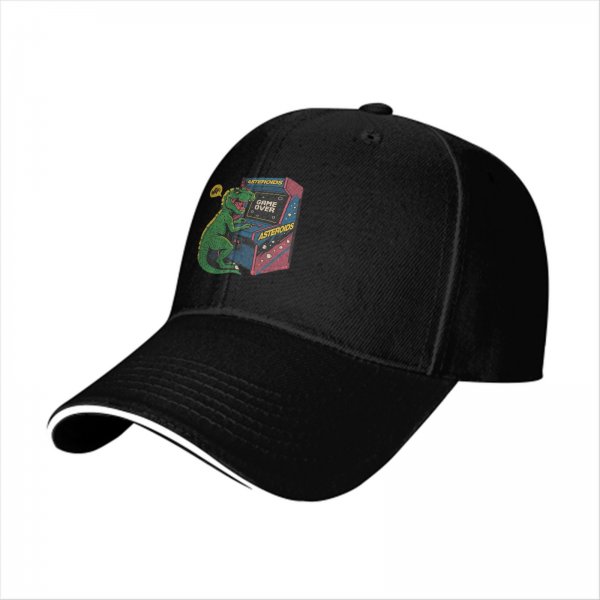 Black Baseball Cap with T-Rex Playing Asteroids Arcade Game Over Print