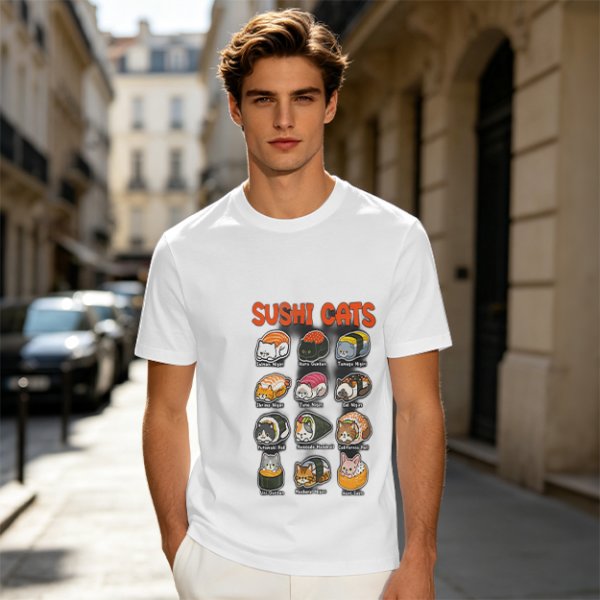 Olive T-Shirt With Sushi Cats Graphic Print