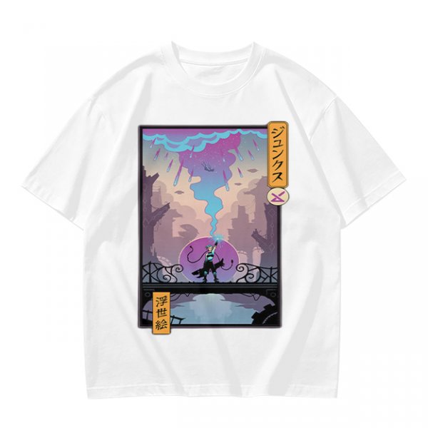 Olive T-shirt with Cyberpunk City Bridge Character Art Print