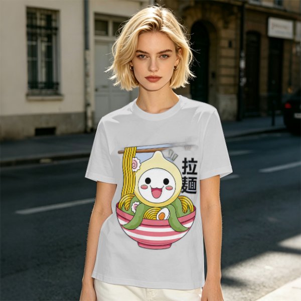 Owl-like character in ramen bowl graphic olive green t-shirt