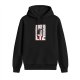 Black hoodie with graphic print featuring 'LIE' text and propaganda-style design