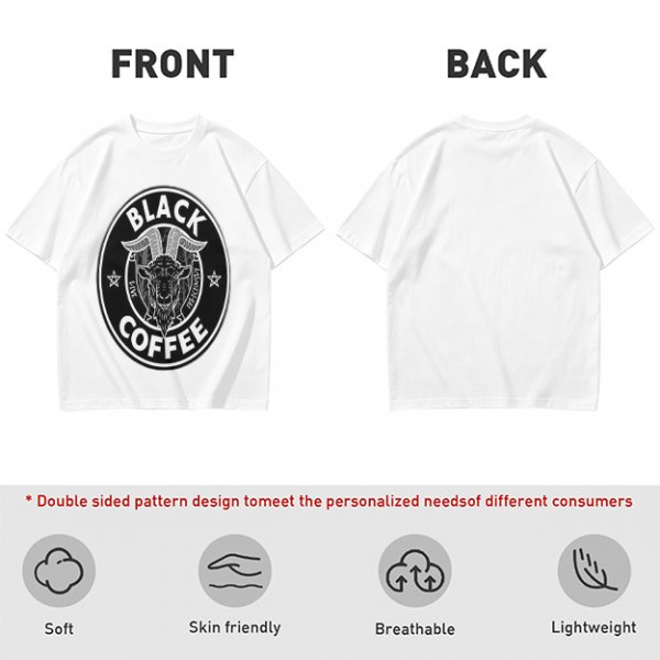 Olive green t-shirt with black goat head and Black Coffee graphic