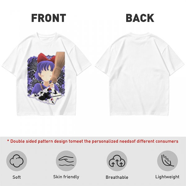 Olive T-Shirt With Witch Anime Girl and Cat Silhouette Print