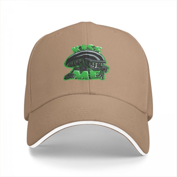 Black baseball cap with alien graphic and 'Kiss Me' text