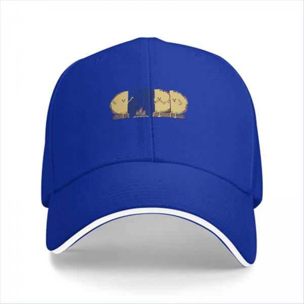 Black baseball cap with cartoon tacos gathered around a campfire graphic