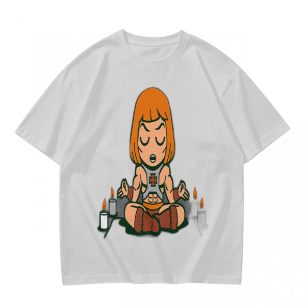 Olive T-shirt with cartoon muscular character meditating surrounded by candles
