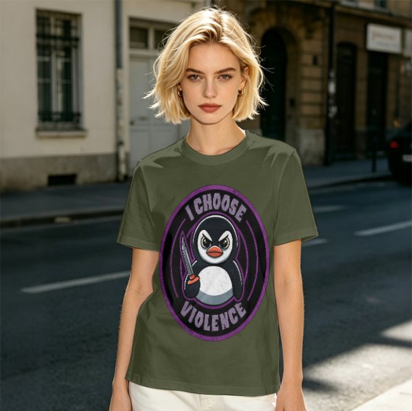 Olive t-shirt with angry penguin holding knife and I Choose Violence print